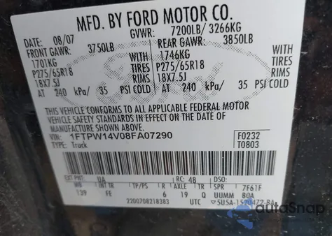 2008 Ford F-150 60Th Anniversary/Fx4/King Ranch/Lariat/Xlt from USA, damaged, VIN 1FTPW14V08FA07290